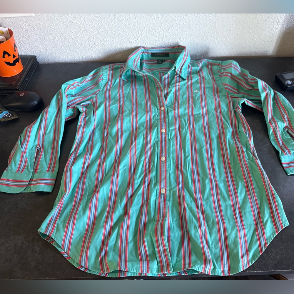 Lauren Ralph Lauren Teal and Red Striped Shirt Women’s Medium
